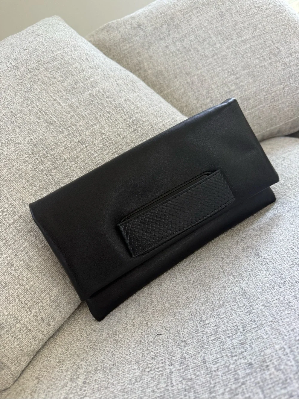 Elegant Black Foldover Chain-Strap Clutch